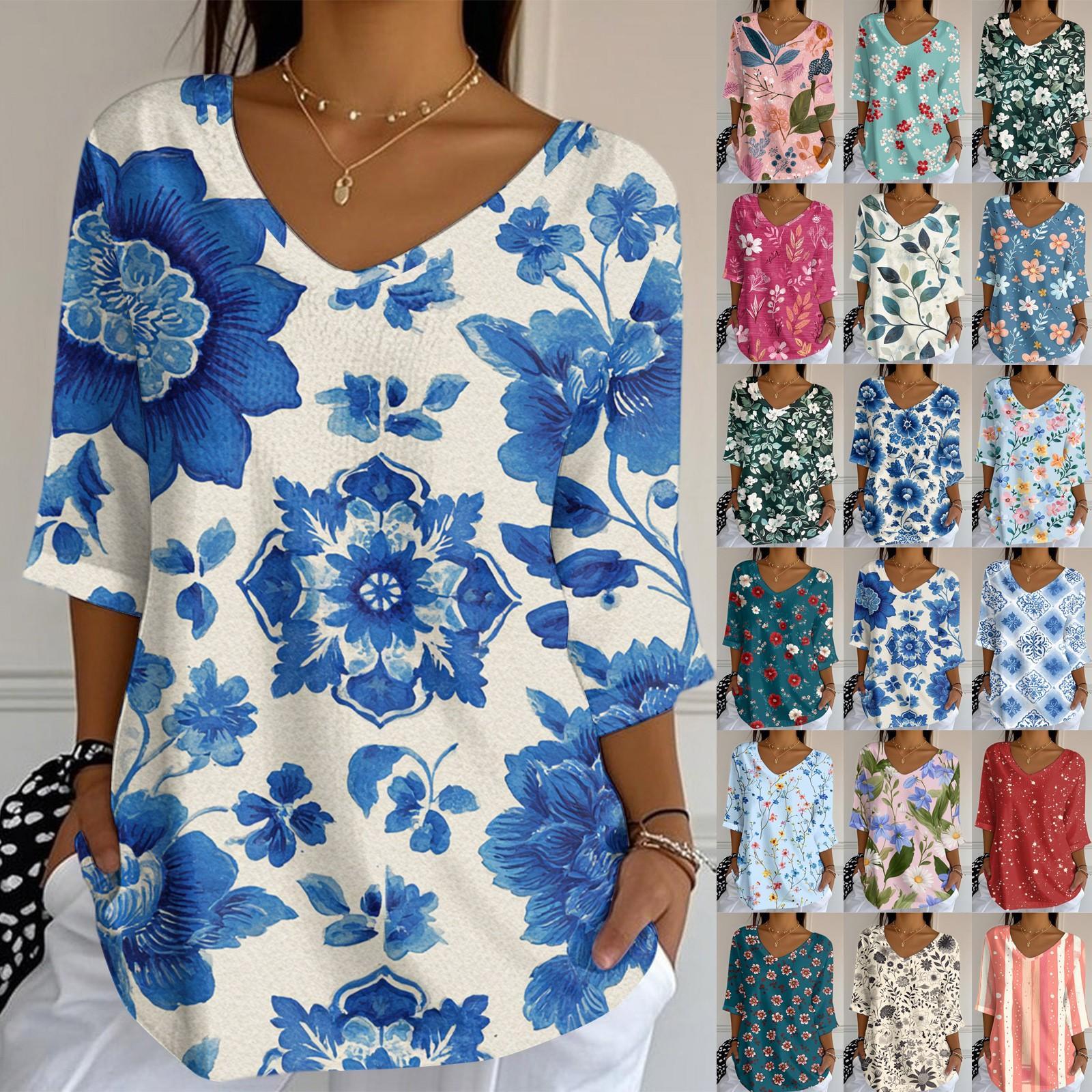 

Women s Casual And Fashionable V-Neck Floral Print Seven Quarter Sleeved Top Top L синій