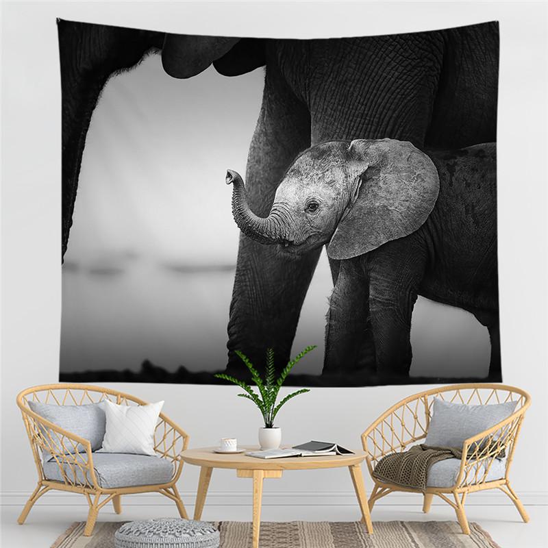 Black and White Elephant Print Pattern Tapestry Bohemian Style Wall Hanging Mandala Polyester Living Room Decoration Tapestry