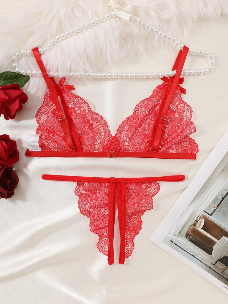 New Women Sexy Lingerie Red Bra Panties Set Cute Bow Ultrathin Lace Underwear Set Temptation Erotic  Outfits For Pretty Girls