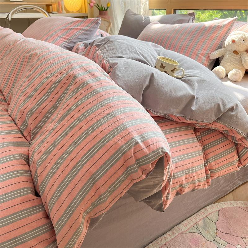 High Quality Striped Printed Pure Cotton Bedding Sets Skin Friendly Breathable Soft Quilt Kit Non Color Fading Bed Set