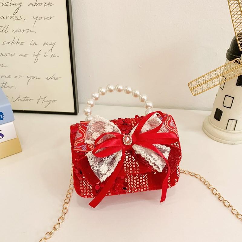 Kids Red Delightful Handbag With Stylish Chain And Charming Bow For Style Daily
