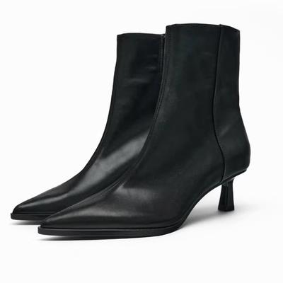 Black Soft Leather Ankle Boots Women Sexy Pointy Toe Side Zipper Kitten Heel Designer Boots Comfortable Commuter Office Shoes