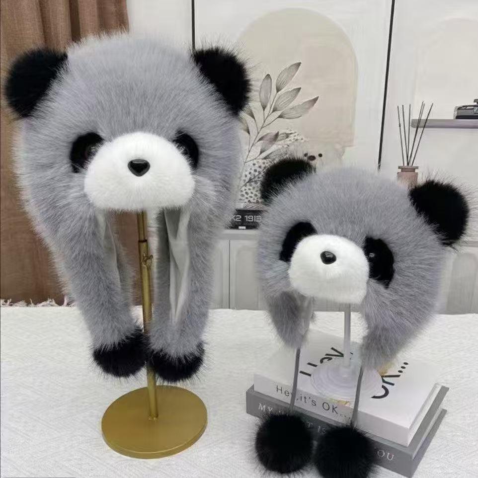 Autumn/Winter Faux Fox Fur Panda Hat for Parent-Child, Thick Warm Cartoon Hat with Large Ear Protection.