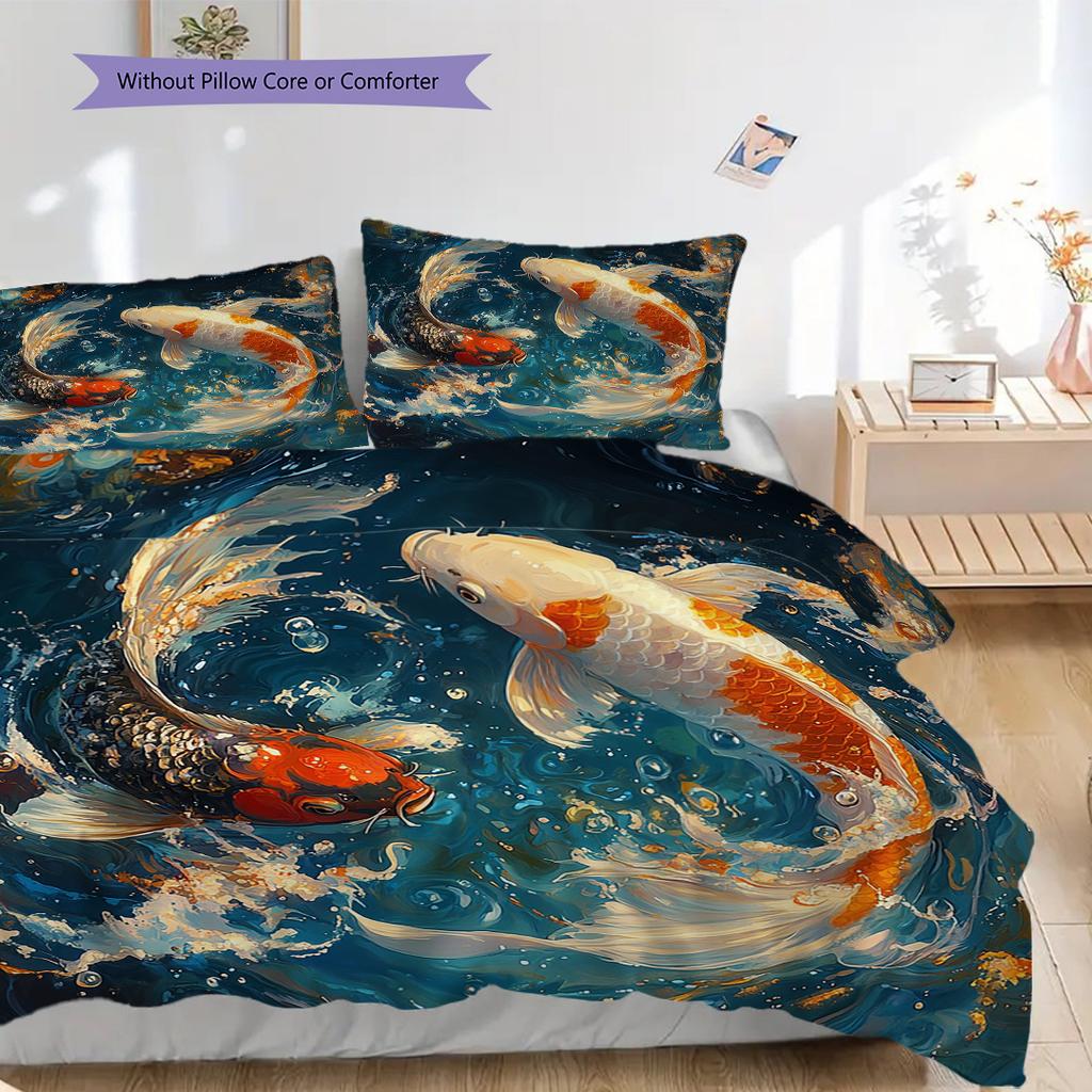 Koi Fish Pattern Bedding Quilt Set Quilt Cover Pillowcase Home Decoration Birthday Gift (1 * duvet cover + 2 * pillowcase, without core)