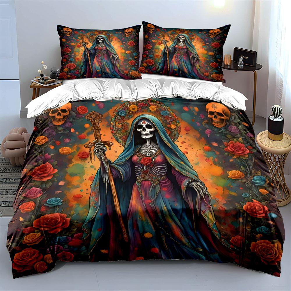 Skeleton Queen with Roses Artwork Bedding Duvet Cover Set (1*Duvet Cover 2*Pillowcases, Without Duvet Insert)