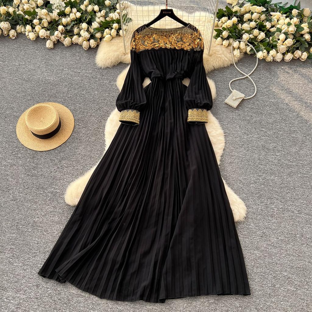 French temperament high-end sequined embroidered bead mesh stitching long-sleeved waist dress women's thin temperament elegant long dress