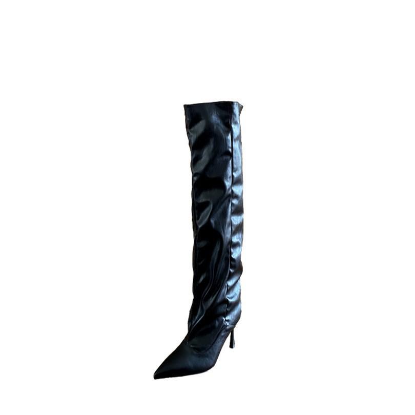 European and American style Internet celebrity wide tube wrinkled pointed high heel piled boots