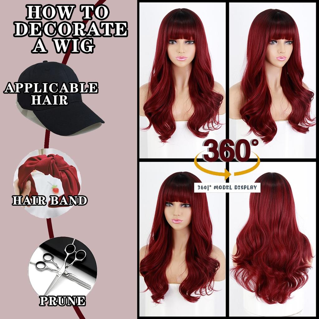 MERISIHAIR Women Long Wavy Wig with Bangs Ombre Wine Red Synthetic High Temperature Fiber Wig for Women Party Daily Wear