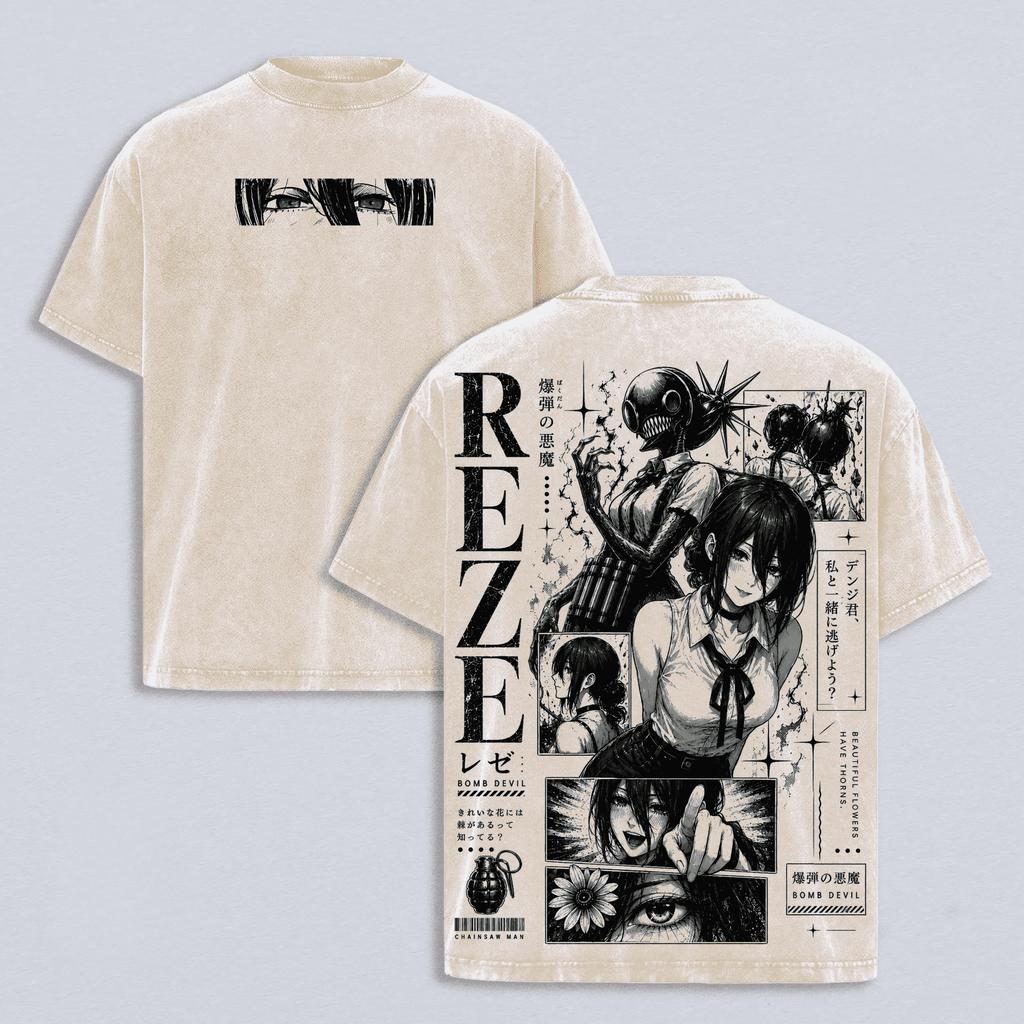 Reze Chainsaw Man Manga T-shirt Harajuku Anime Vintage Lavato T-shirt Uomo Donna Abbigliamento Estivo Casual Cotone Largo T-shirt Abbigliamento
