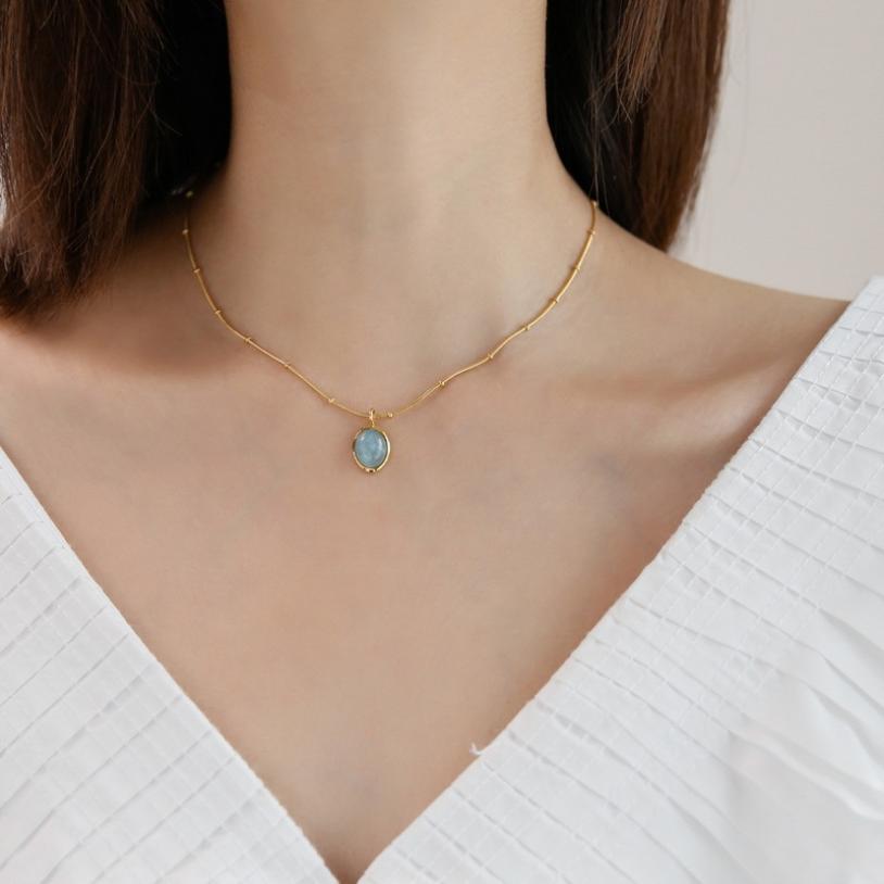 316L Stainless Steel New Fashion Fine Jewelry Oval Sea Blue Opal Beaded Charm Snake Chain Choker Necklaces Pendants For Women
