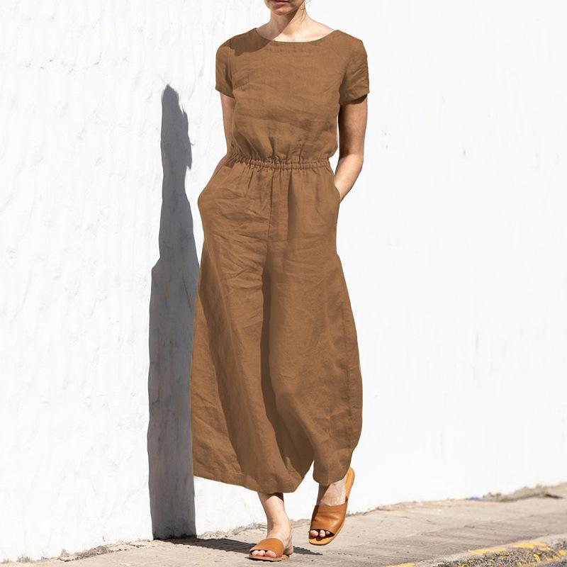 Cotton and Linen Jumpsuit Women Solid Color Sleeveless Pocket High Waist Wide Legs Jumpsuits Casual Commuting Ladies Bodysuits
