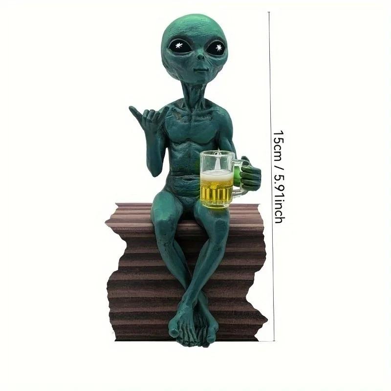 New *Resin Green Alien Holding Beer Glass Statue Themed Indoor/Outdoor Desktop Shelf Decor Quirky Decor Themed Decor Home