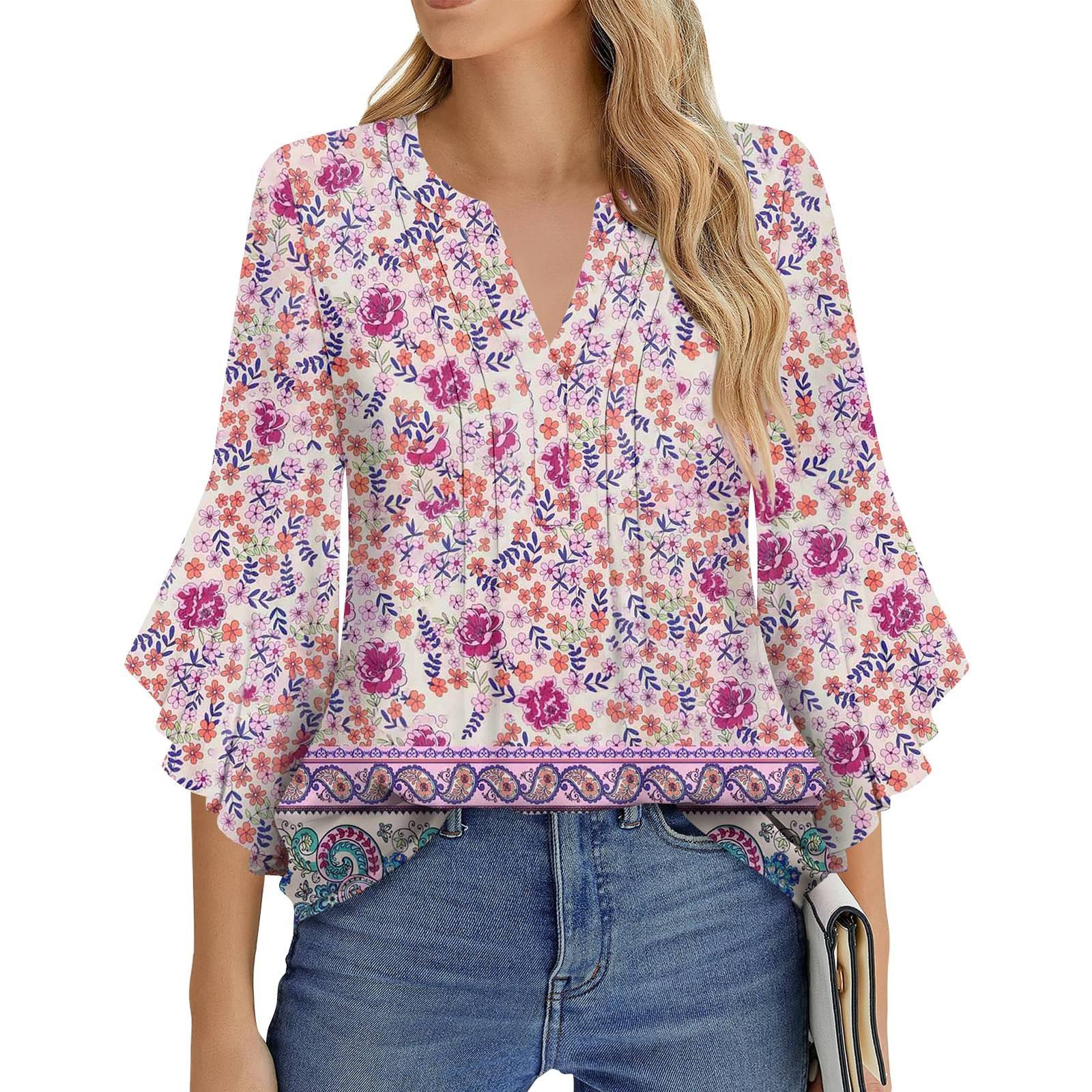 

Women s Fashion Casual Pleated V-Neck Solid Color Three-quarter Sleeve T-Shirt Elegant Top M рожевий