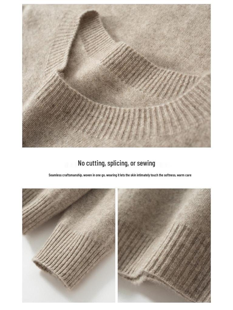 Men's Pure Cashmere Round Neck Sweater: Thick, Loose-Fit, Solid Color Knit for Autumn and Winter.