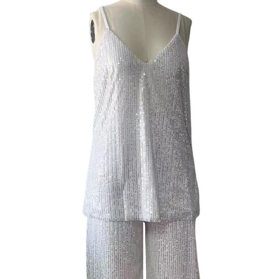 Women Sequin Two Piece Outfit Sleeveless Cami Scoop Neck Top Wide-leg Pants