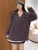 Women's Korean V-Neck Mid-Length Knit Sweater - Autumn/Winter 2024, Casual Loose Fit, Slimming, Soft & Fluffy.