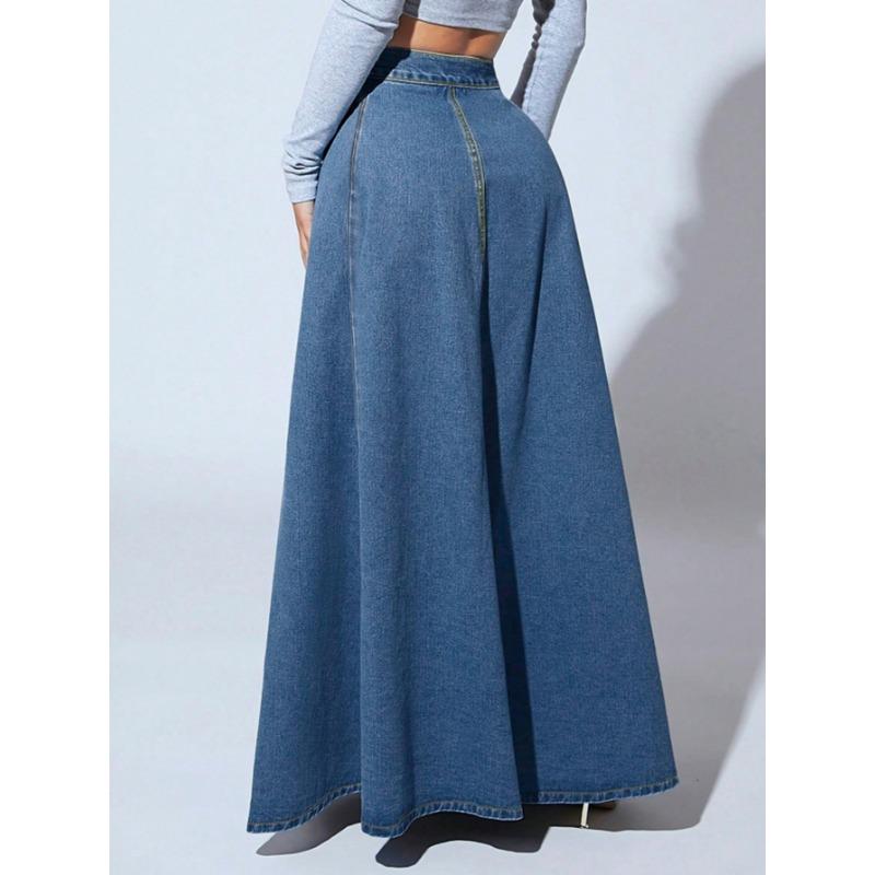 Single-breasted Denim Skirt Female Retro Western Style Big Swing A-line Skirt