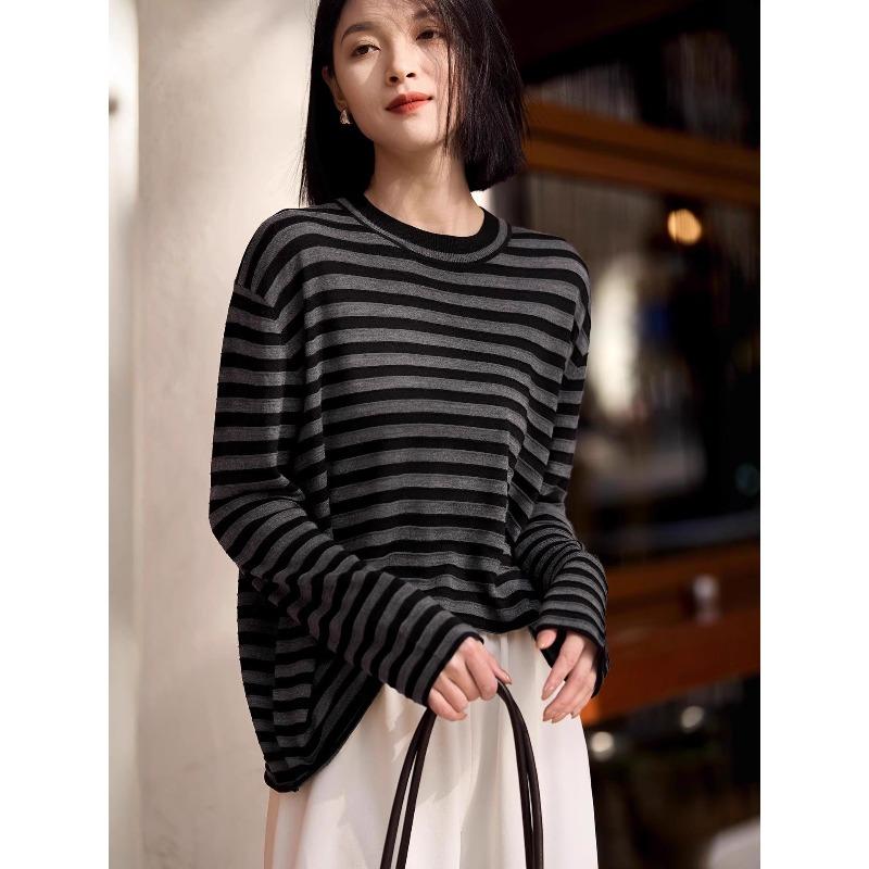 Early Autumn Striped Knitted Women's Sweater - Lightness Casual Fashion Long Sleeve Top