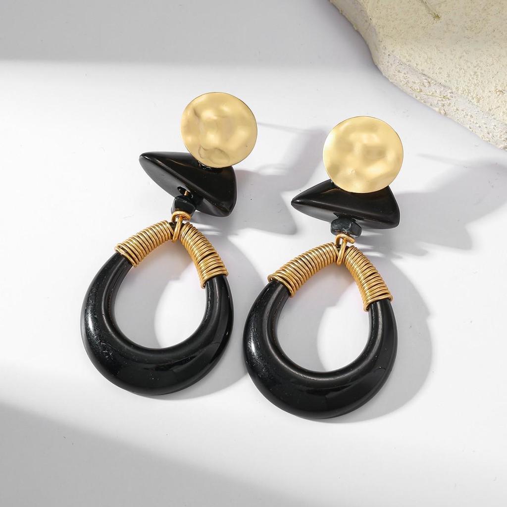 Bohemian Geometric Resin and Metal Oval Earrings with Rope Detail for Women