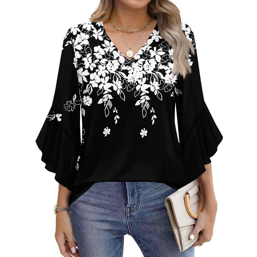 Blouses For Women Dressy Casual 3/4 Length Sleeve Womens Tops V Neck Tshirts Shirts With Flared Sleeve