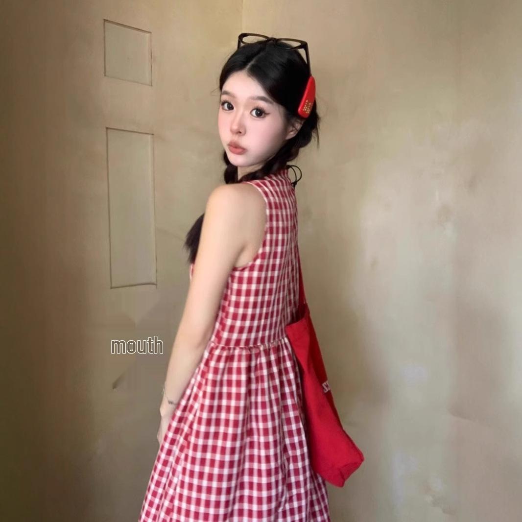 

Женское милое и пикантное красное клетчатое платье-майка без рукавов - Коллекция Весна 2025, Свободный крой, Однобортное, Длинный расслабленный стиль L [Premium Version] красный