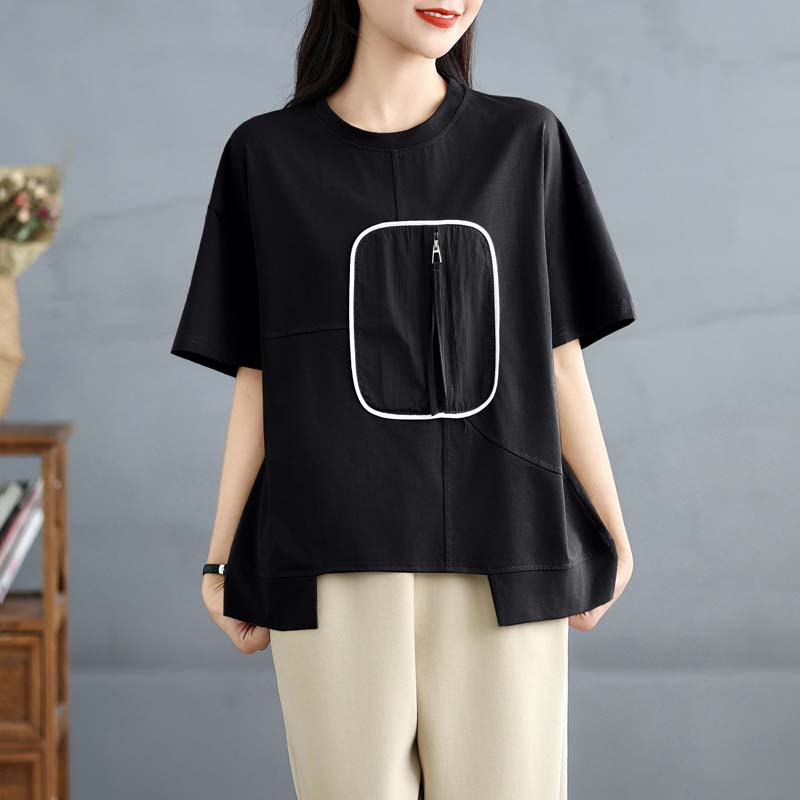 DIMANAF 2025 Summer Plus Size T-Shirt Asymmetrical Women Short Sleeve O-Neck Short Loose Solid Tops Tees