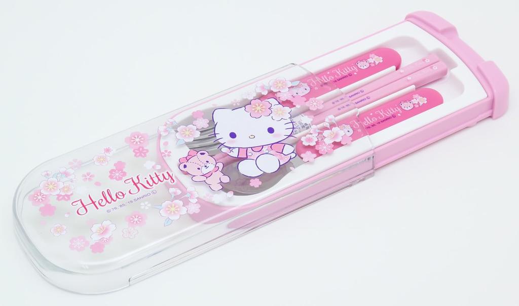 OSK Cutlery Hello Kitty Sakura with and Made in Sliding Dishwasher Easy to for Girls and Children Set, Design, Pull-Lid Trio, Chopsticks, Spoon, Fork,