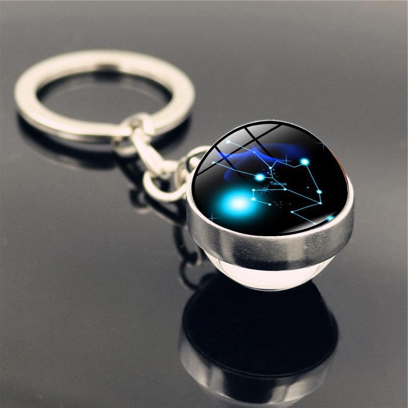 Zodyak Anahtarlık Doğum Günü Hediyesi 12 Takımyıldızları Çift Taraflı Cam Topu Anahtarlık Halka Tutucu