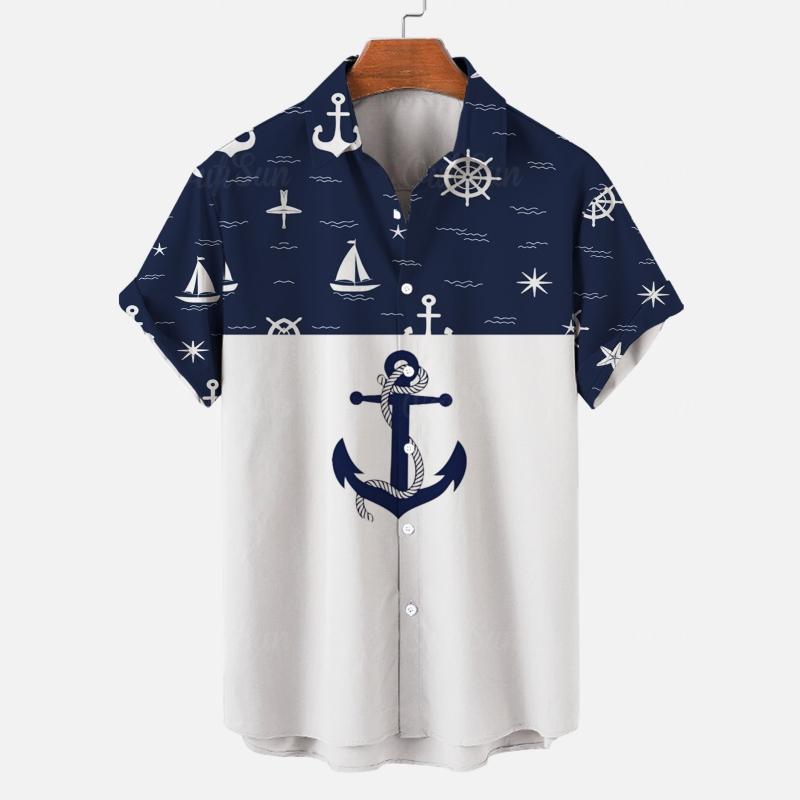 Summer Casual Men Shirts, Navy White Marine Element Fabric Texture Print, Multiple Stitching Design Loose Breathable Open Front Shirts
