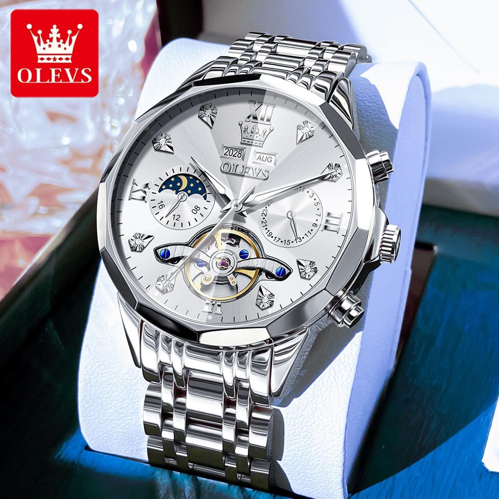 OLEVS 6621 Herrenuhr High-End Automatische Mechanische Uhren Schwungrad Hohlzifferblatt Kalender Mondphase Wasserdicht Herren Armbanduhr