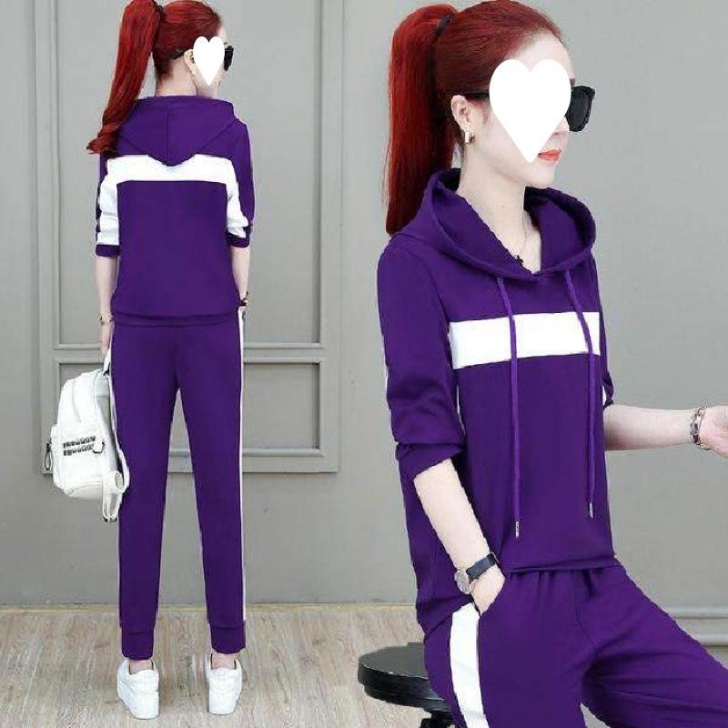 Early Autumn Casual Sports Suit for Women, Korean Style Loose Hooded Sweatshirt, Large Size Sportswear Two-piece Set