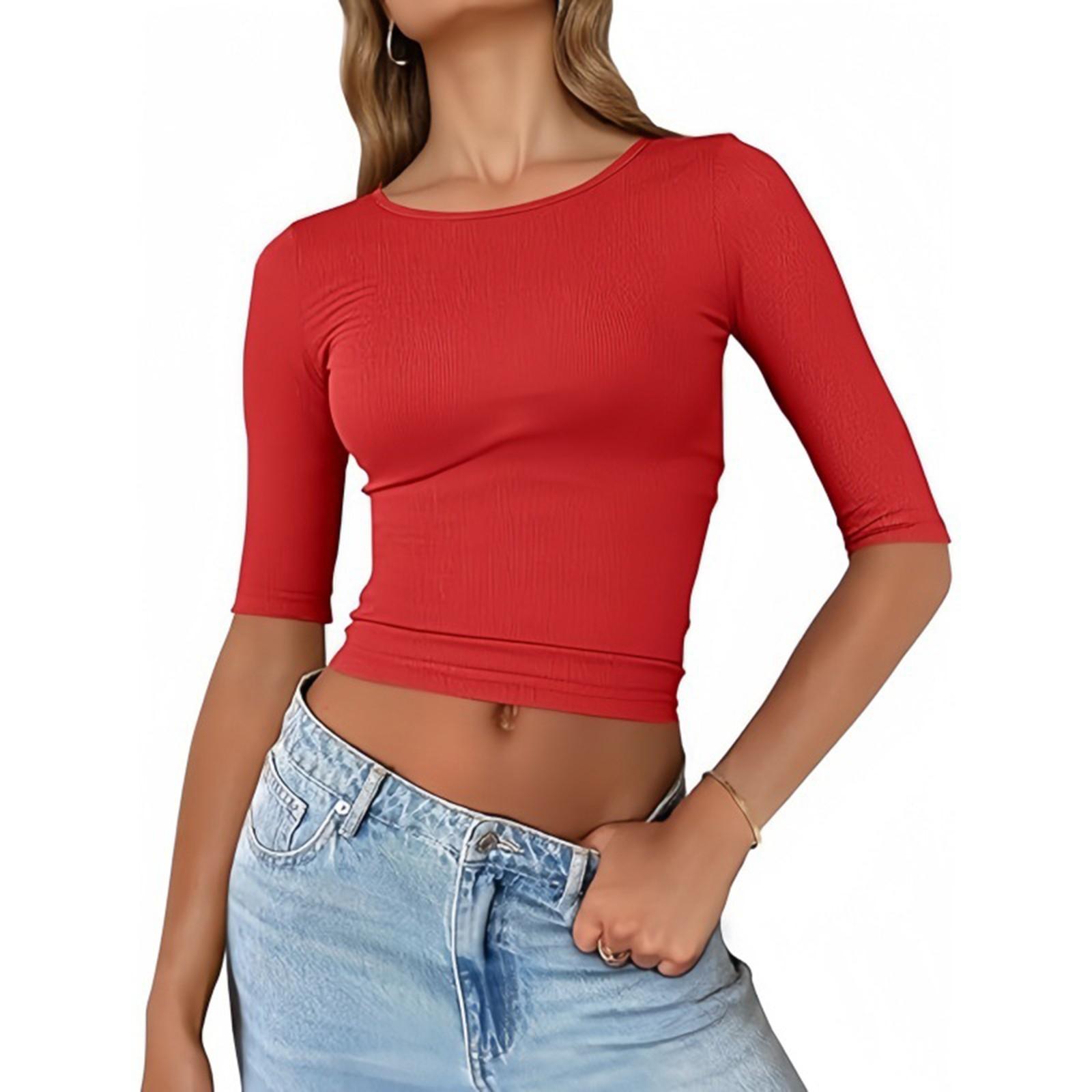 

Женская модная облегающая футболка с открытым животом, с короткими рукавами, базовая, однотонная, топы S красный