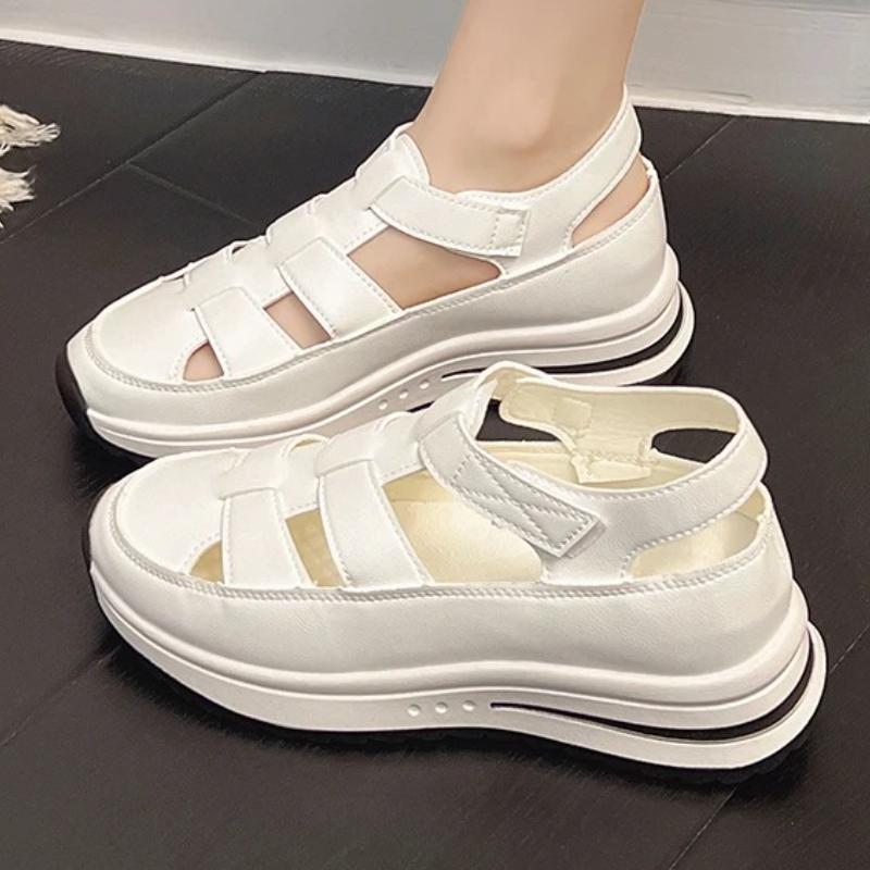Fashion Women's Sandals 2025 New Summer High-quality Solid Color Buckle Strap Closed Toe Thick-soled Breathable Baotou Sandals Zapatos