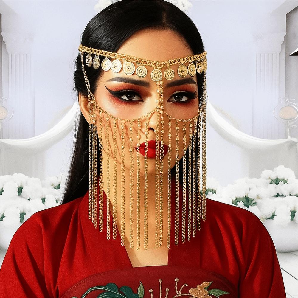 Coin Bell Curtain Head Chain Rhinestone Masquerade Mask Belly Dance Face Veil Middle East