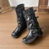 2025 nouveau pantalon tube noir montant bottes tube femme bottes de chevalier cowboy occidental bottes plissées à semelle épaisse