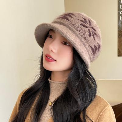 Elderly Women's Hat Autumn Winter Bucket Hat, Plush Lining Warm Thickened Knitted Cotton Beanie