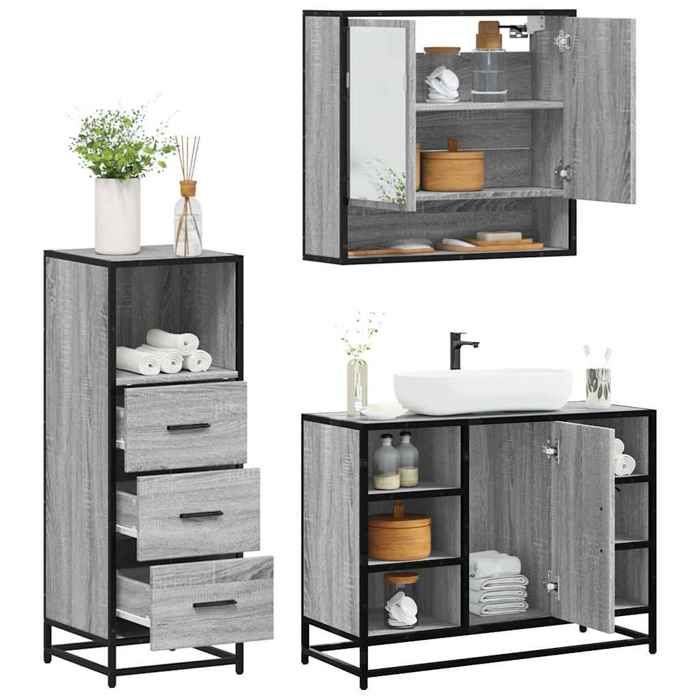 VidaXL Ensemble de meubles de salle de bain 3 pcs Sonoma gris, armoire de salle de bain, armoire de rangement de toilette, 3301063