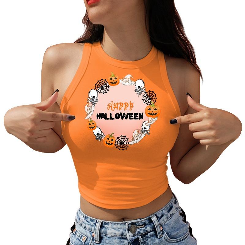 

New Halloween orange leopard print pumpkin heat transfer print women s vest sexy small vest slim top S