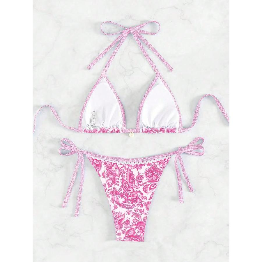 Damen Bedrucktes Zweiteiliges Bikini-Set Mit Bindeband Bademode 0916