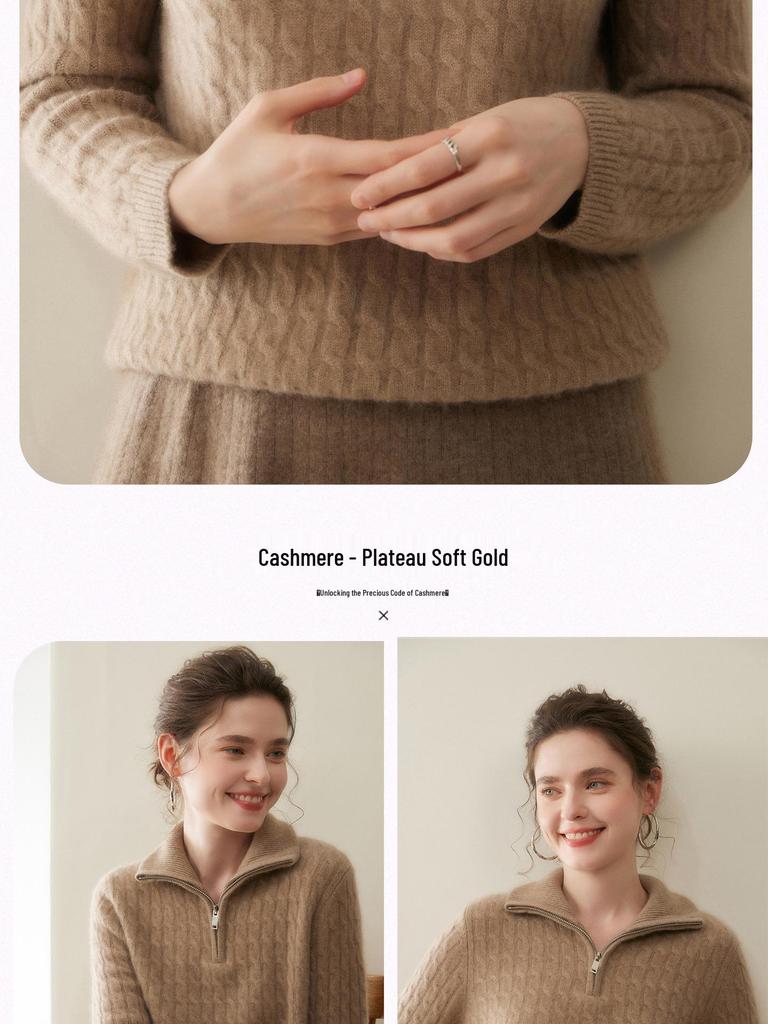 Damski pogrubiony kaszmirowy sweter dzianinowy zapinany na pół zamek - Luźny krój, miękki, kołnierz wywijany na jesień i zimę