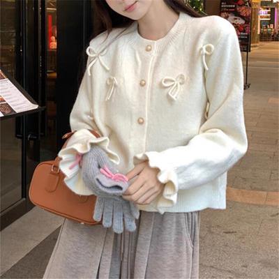 AKorean Gentle and Sweet Style Three-dimensional Bow Knit Cardigan Women's Flared Sleeve Round Neck Sweater Jacket Short Top