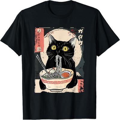 Gato Kawaii Comendo Macarrão Ramen Engraçado Presente de Anime Meninas Adolescentes Camiseta