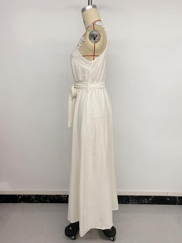 Women's Summer 2026 Floral Spaghetti Strap Maxi Dress with Waist-cinching Lace-up and Split