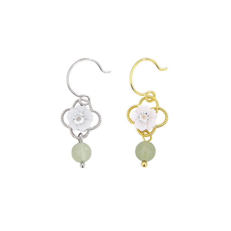 Hetian Jade White Flower Earrings Celebrity Court Style Camellia Ear Hook Hollow Four-Leaf Clover Zircon Flower Earrings