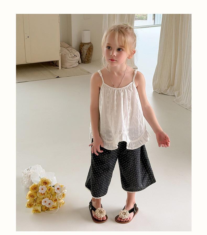 New Girls' Plaid & Polka Dot Three-Quarter Wide-Leg Pants (S/M/L) - Black