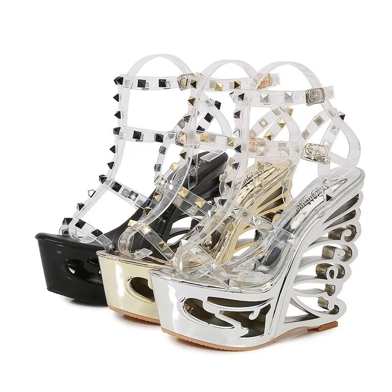 Fashion Summer New Sexy Shaped Wedge Heel 14.5CM Women's Shoes Rhinestone Platform High Heels Party Club Model Strippers Show Sandals