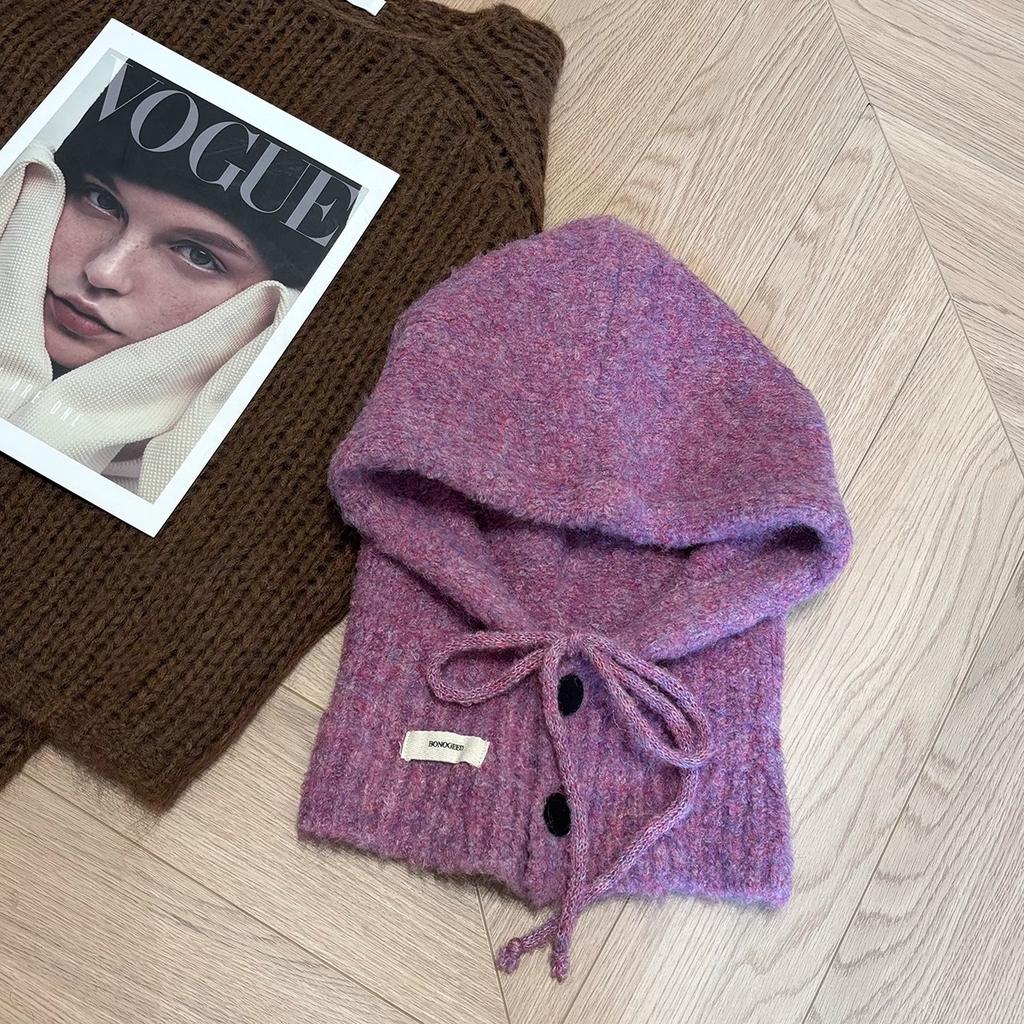 Autumn and Winter New Korean Style Anti Aging Balacala Cap Buttoned Scarf Cap One Piece Women's Ear Protecting and Warm Knitted Cap