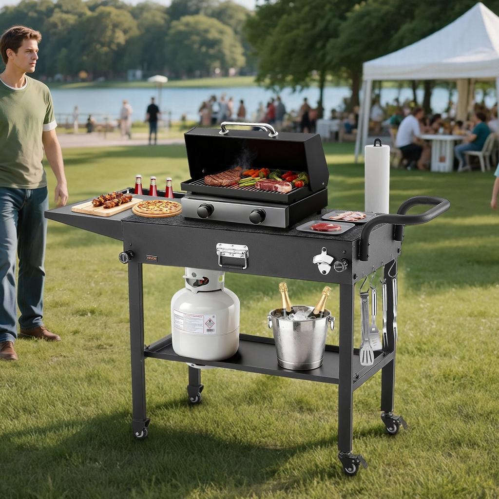 Outdoor Grill Cart, 787 x 432mm Tabletop Size Grilling Table, Foldable Outdoor Cooking Table with Tissue Holder, Hooks, Wheels, Side Table, BBQ Prep