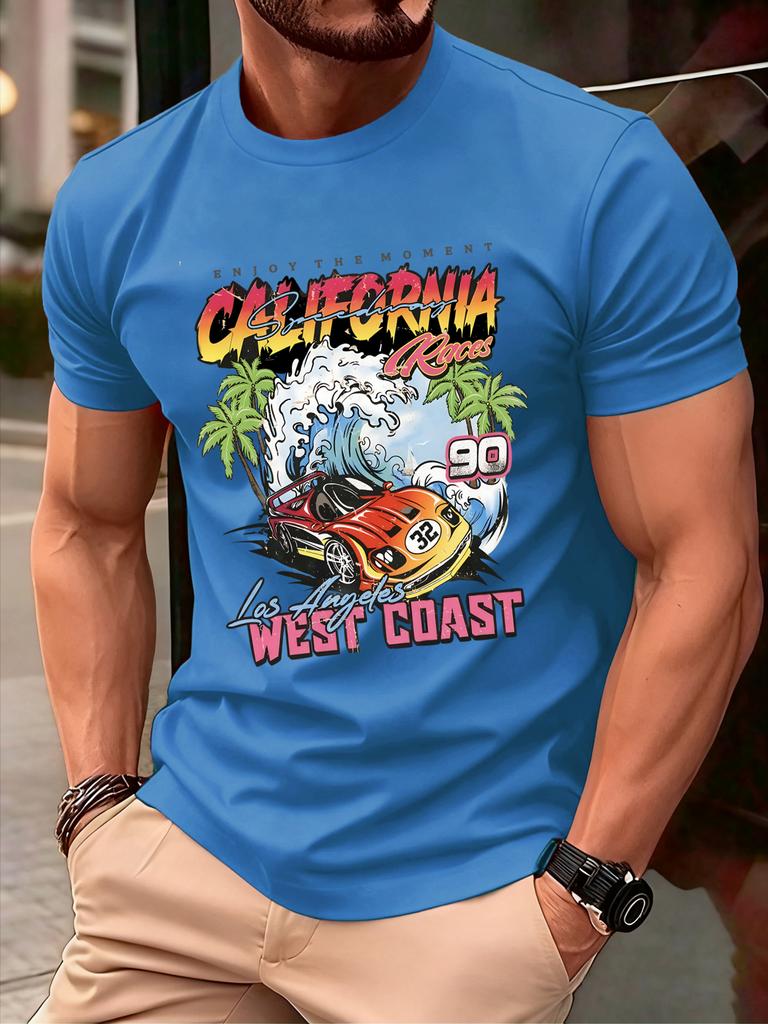 California West Coast Print Mens T Shirts Hip Hop AllMatch Tops Casual Cotton Vintage Clothes Male Loose Crewneck Streetwear