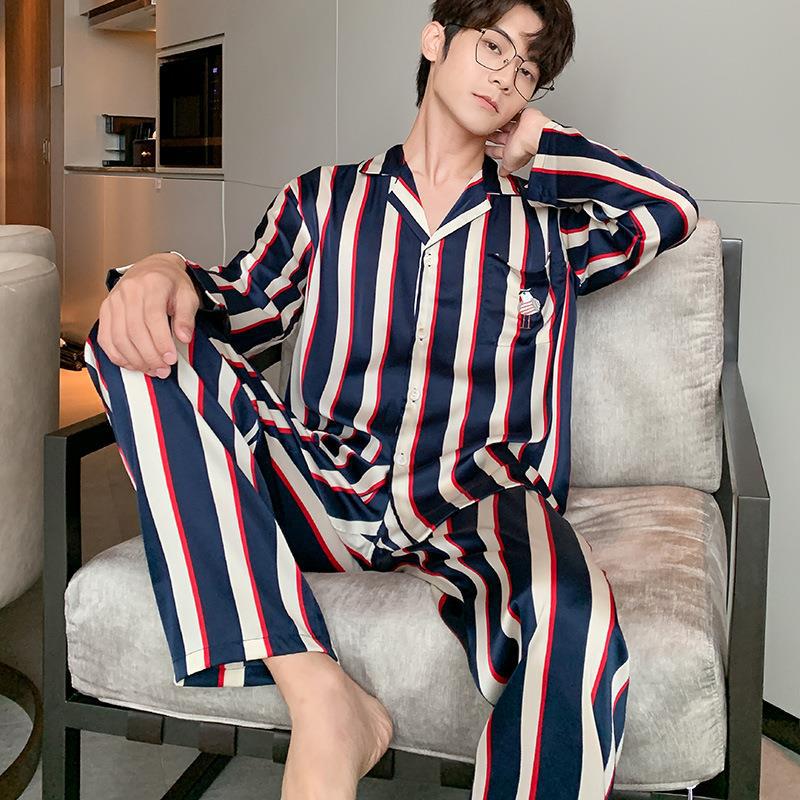 Couple pajamas ice silk women's spring and autumn long-sleeved striped cartoon thin loungewear men's silk suit